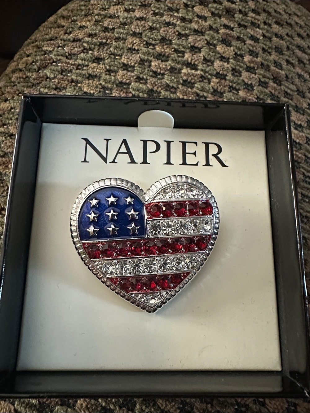 Napier Heart-Shaped American Flag Crystal Brooch - Red, White, Blue